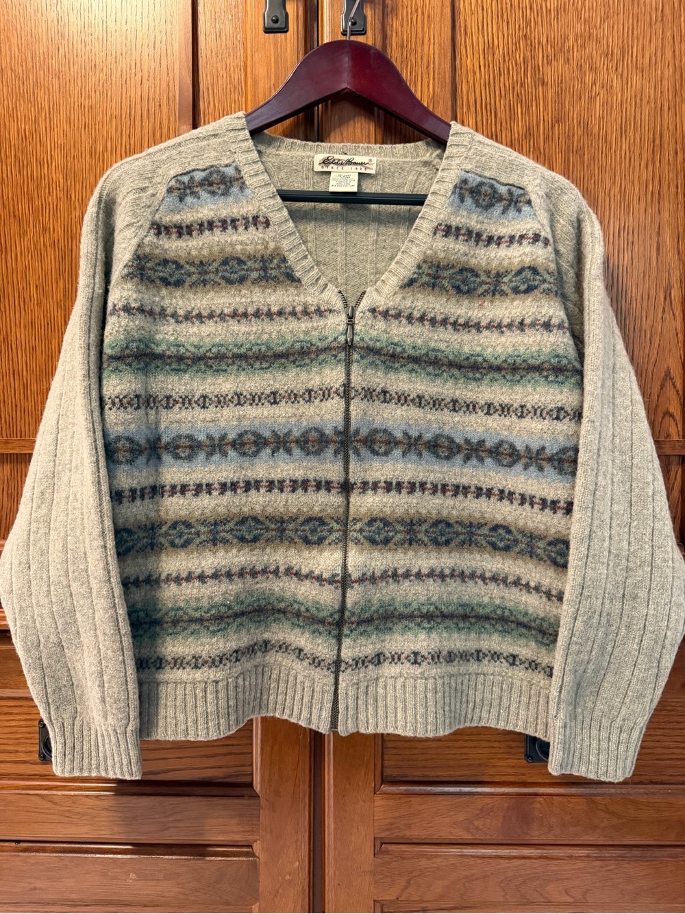 VTG Eddie Bauer 100% Wool Fair Isle Zip Front Cardigan Nordic 90s Outdoor Cabin